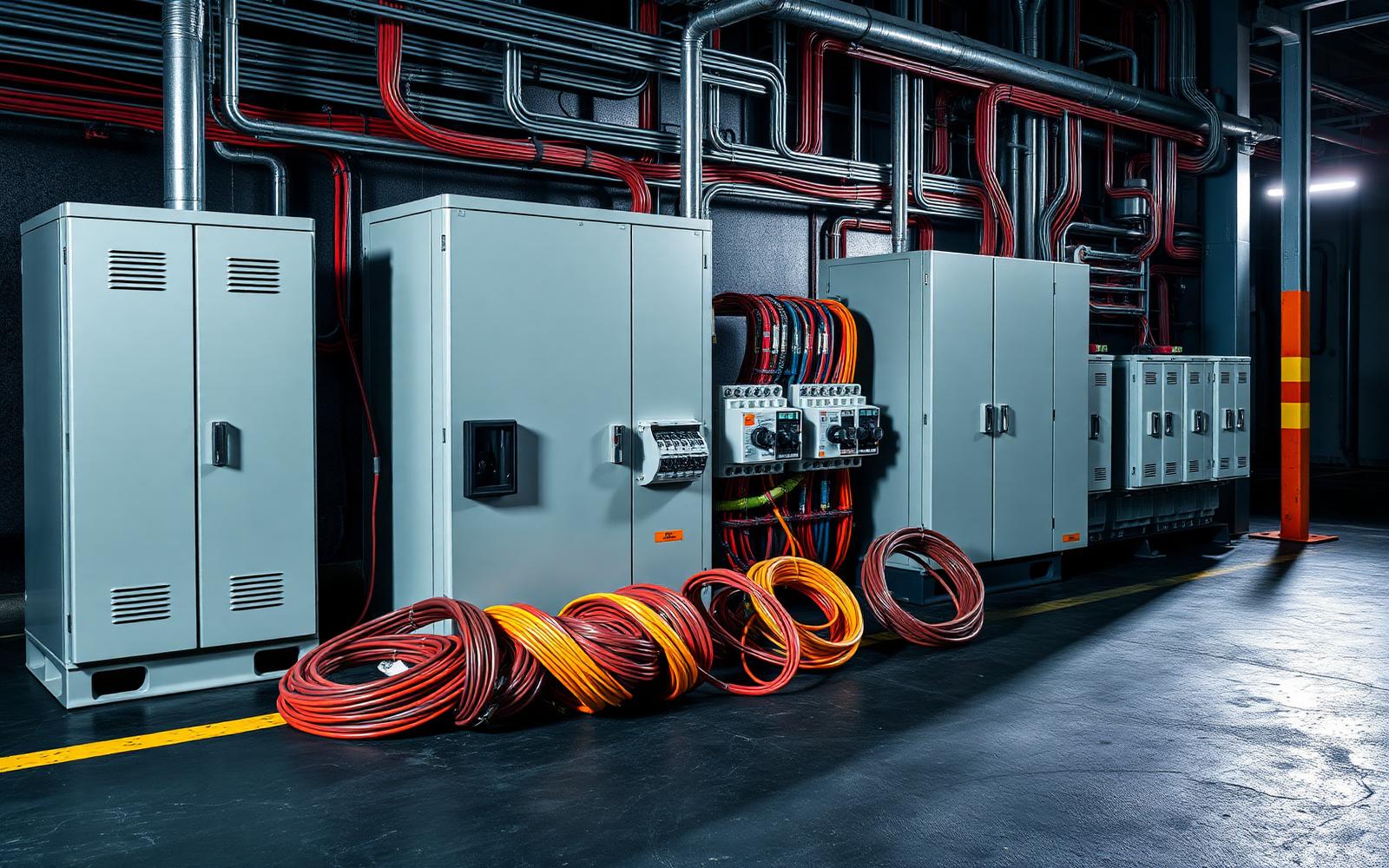 Industrial electrical distribution equipment on a factory floor